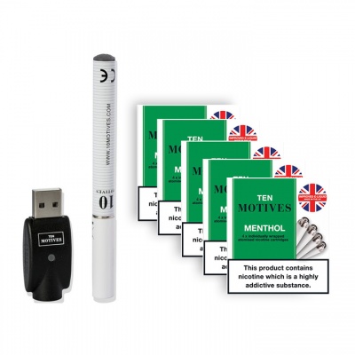 10 Motives Rechargeable Menthol E-Cigarette Starter Kit and Medium Strength Menthol Refill Cartridges Saver Pack