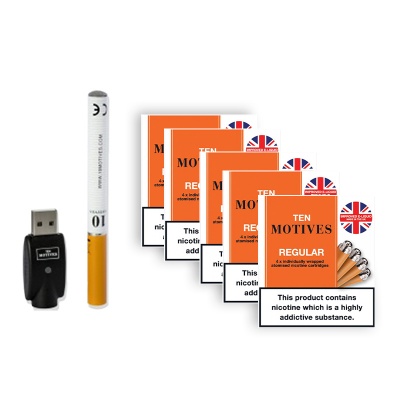10 Motives Rechargeable Regular E-Cigarette Starter Kit and Very High Strength Regular Tobacco Refill Cartridges Saver Pack