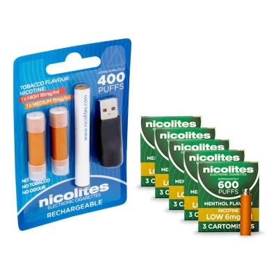 Nicolites Rechargeable Electronic Cigarette Starter Kit and Low Strength Menthol Refill Cartridges Combo Pack