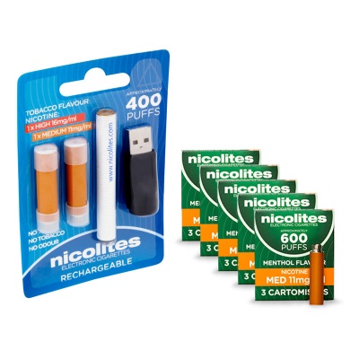 Nicolites Rechargeable Electronic Cigarette Starter Kit and Medium Strength Menthol Refill Cartridges Combo Pack