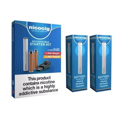 Nicocig Rechargeable Electronic Cigarette Starter Kit with Two Spare Rechargeable Batteries