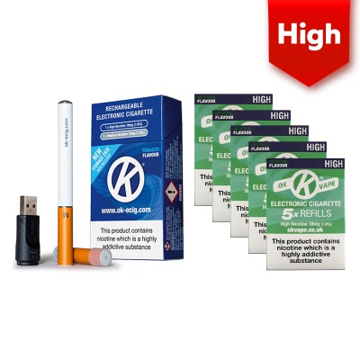 OK Vape Rechargeable E-Cigarette Starter Kit and High Strength Menthol Refill Cartridges Saver Pack