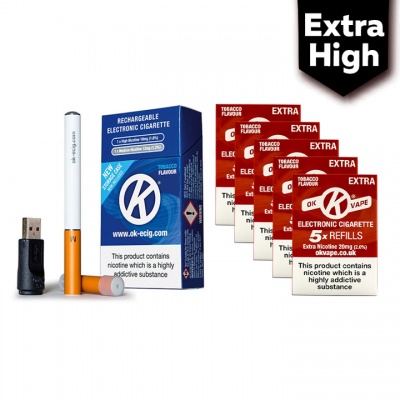 OK Vape Rechargeable E-Cigarette Starter Kit and Extra High Strength Tobacco Refill Cartridges Saver Pack