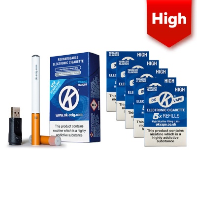 OK Vape Rechargeable E-Cigarette Starter Kit and High Strength Tobacco Refill Cartridges Saver Pack