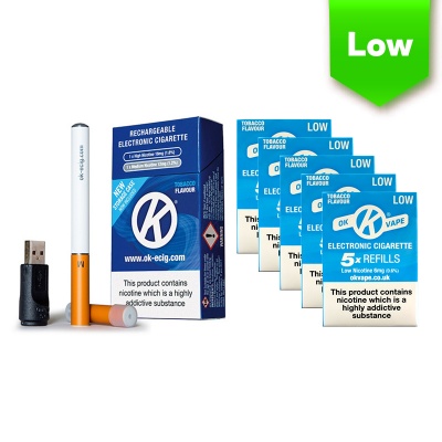 OK Vape Rechargeable E-Cigarette Starter Kit and Low Strength Tobacco Refill Cartridges Saver Pack