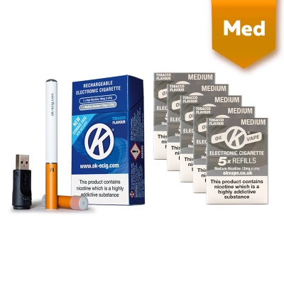 OK Vape Rechargeable E-Cigarette Starter Kit and Medium Strength Tobacco Refill Cartridges Saver Pack