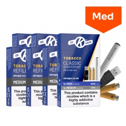 OK Vape Rechargeable E-Cigarette Starter Kit and Medium Strength Tobacco Refill Cartridges Saver Pack