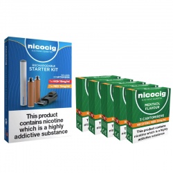 Nicocig Rechargeable Electronic Cigarette Starter Kit and Nicocig Refill Cartridges Medium Strength Menthol Cartomisers Saver Pack